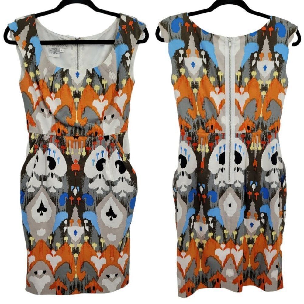 Vtg 90's Maggy London Dress Artsy Abstract Sleeveless Sheath‎ Pockets Gray Sz 6P